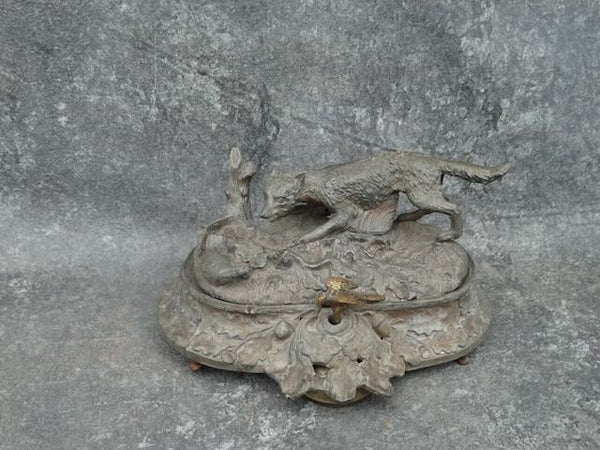 White Metal Desk Bell with Double Inkwell concealed under a Wolf Sculpture Lid A2980