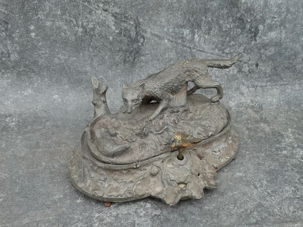White Metal Desk Bell with Double Inkwell concealed under a Wolf Sculpture Lid A2980