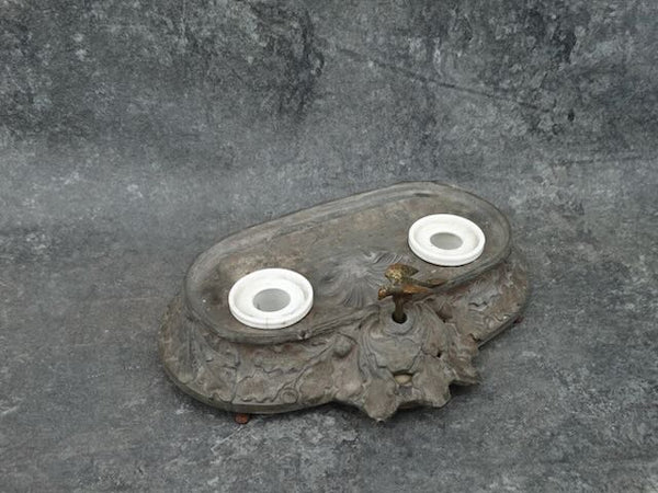 White Metal Desk Bell with Double Inkwell concealed under a Wolf Sculpture Lid A2980
