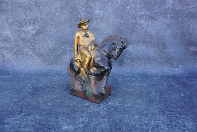 Carnival Cowboy on his Horse Figure in Painted Plaster 1930s A3007
