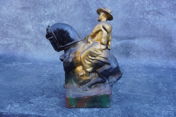 Carnival Cowboy on his Horse Figure in Painted Plaster 1930s A3007