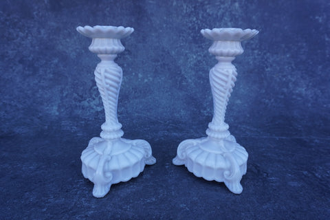 Opalescent Milk Glass Candlesticks, Pair A3064