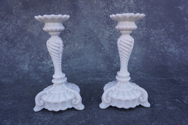 Opalescent Milk Glass Candlesticks, Pair A3064