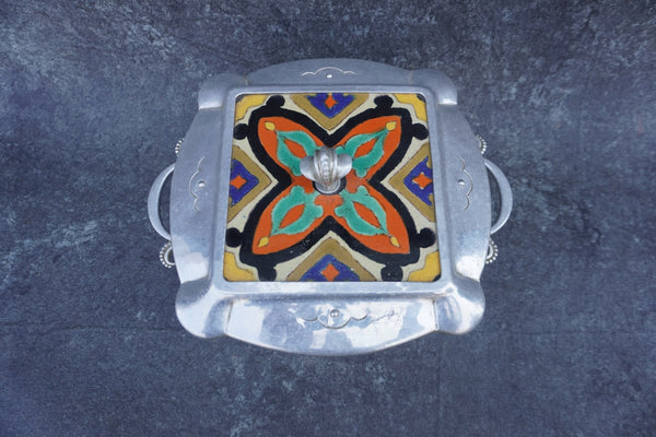 Cellini-Craft Lidded Server with Hispano-Moresque D & M Tile circa 1920s  A3094