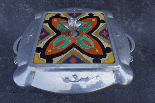 Cellini-Craft Lidded Server with Hispano-Moresque D & M Tile circa 1920s  A3094