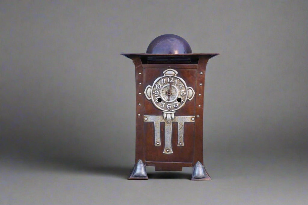 Art Nouveau Copper & Pewter Mantel Clock c 1910 A3147