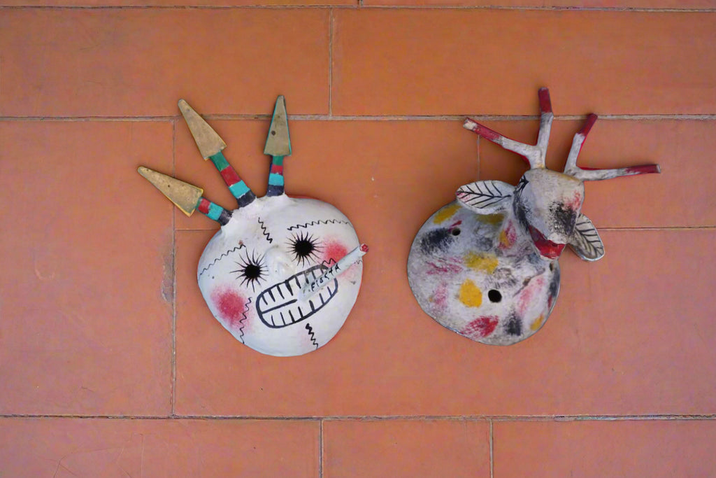 Mexican Folk Art Coconut Mask, pair of two A3400