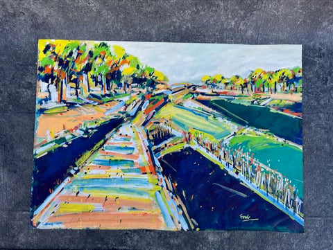 Mid-Century River and Canals - Landscape Acrylic on Paper - Signed Fong c1965 AP1761