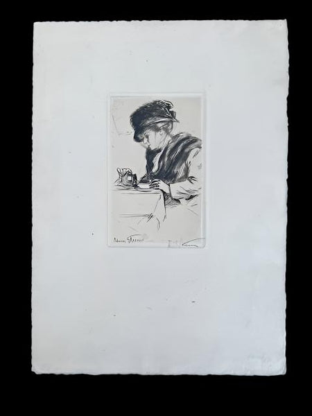 Adrien Étienne aka Drian - Etching - Lady in a Hat Taking Tea at a Café  circa 1910 AP1765