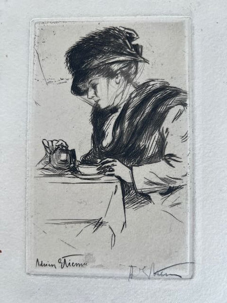 Adrien Étienne aka Drian - Etching - Lady in a Hat Taking Tea at a Café  circa 1910 AP1765