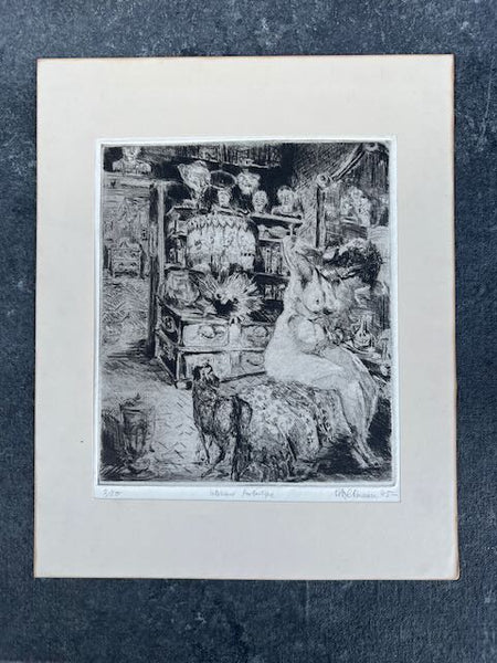 Alexandre Altmann -Seated Nude in Phantasmagorical Room: Intérieur Fantasque - Etching 1945  AP1766