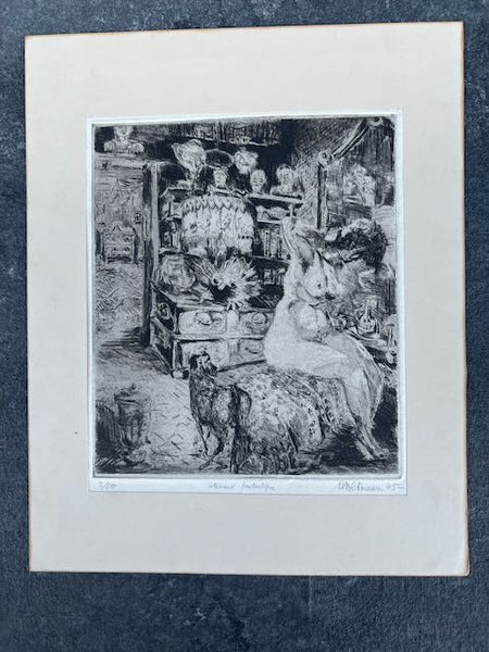 Alexandre Altmann -Seated Nude in Phantasmagorical Room: Intérieur Fantasque - Etching 1945  AP1766
