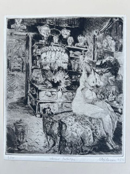 Alexandre Altmann -Seated Nude in Phantasmagorical Room: Intérieur Fantasque - Etching 1945  AP1766