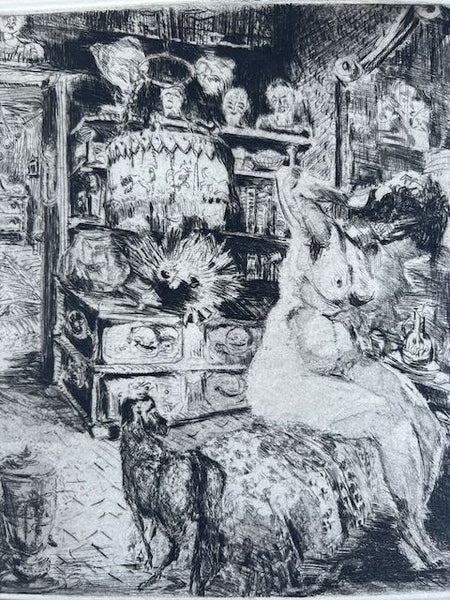 Alexandre Altmann -Seated Nude in Phantasmagorical Room: Intérieur Fantasque - Etching 1945  AP1766