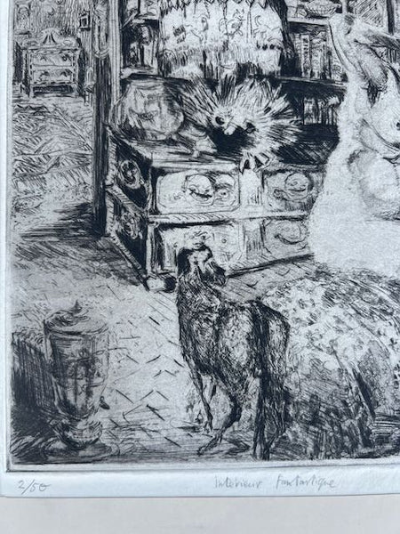 Alexandre Altmann -Seated Nude in Phantasmagorical Room: Intérieur Fantasque - Etching 1945  AP1766