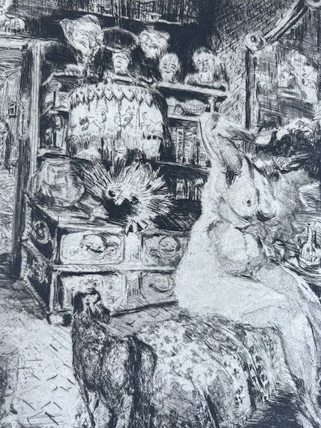 Alexandre Altmann -Seated Nude in Phantasmagorical Room: Intérieur Fantasque - Etching 1945  AP1766