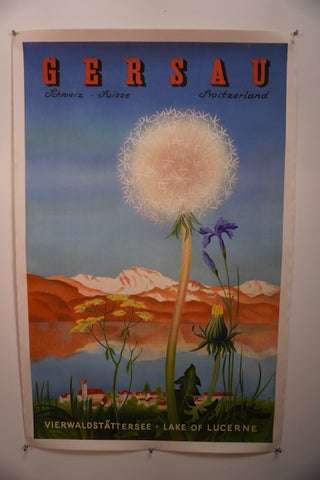 Brügger AG - Original Vintage Travel Poster - Gersau in Switzerland at the Lake of Lucerne - Mountains & Dandelion & Lake - AP1784