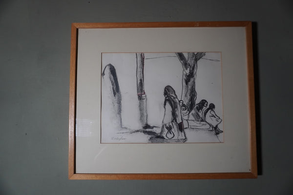 Arnold Schifrin - Charcoal Study of Mexican Women in Village Plaza AP1909
