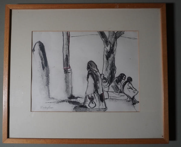 Arnold Schifrin - Charcoal Study of Mexican Women in Village Plaza AP1909