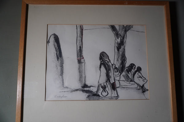 Arnold Schifrin - Charcoal Study of Mexican Women in Village Plaza AP1909