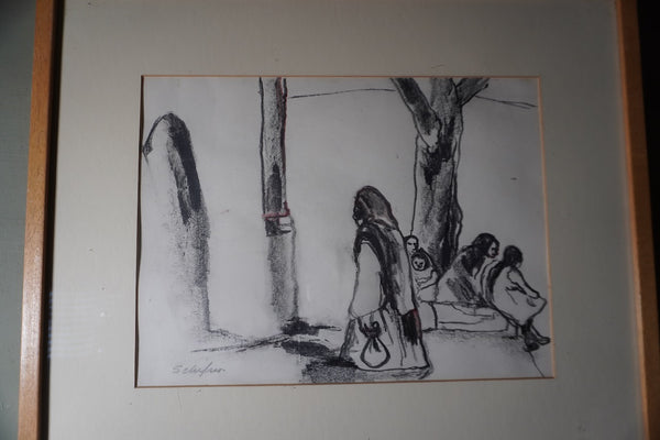 Arnold Schifrin - Charcoal Study of Mexican Women in Village Plaza AP1909
