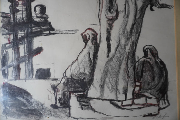 Arnold Schifrin - Pencil and Wash Study of Mexican Women Sitting Under a Tree AP1910
