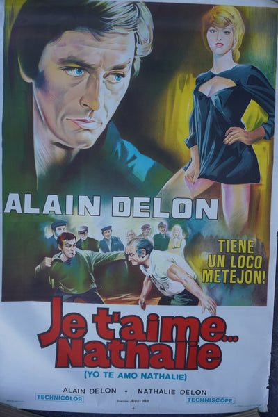Je T'Aime Nathalie Original Alain Delon Film Poster Spanish Release of Doucement Les Basses 1971 AP1983
