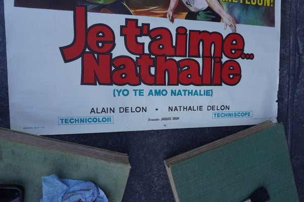 Je T'Aime Nathalie Original Alain Delon Film Poster Spanish Release of Doucement Les Basses 1971 AP1983