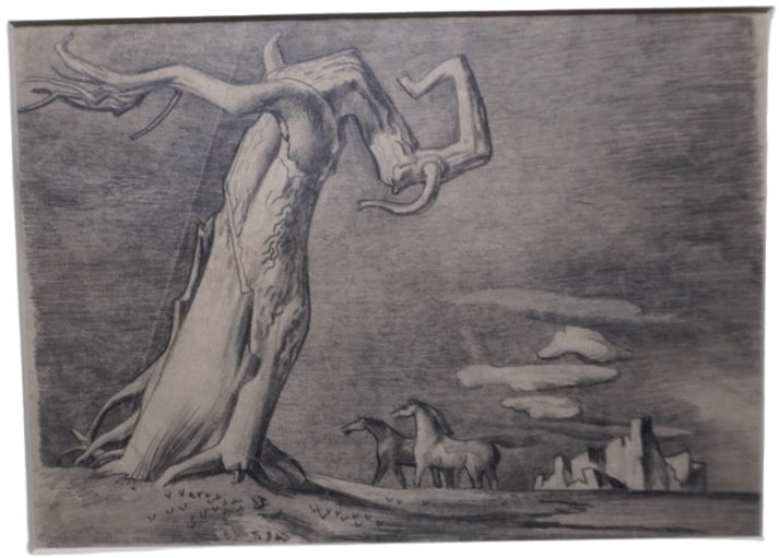 Millard Sheets (1907-1989) - Twisted Tree, Horses, Rocks - Pencil Surrealist Sketch 1930s AP1991