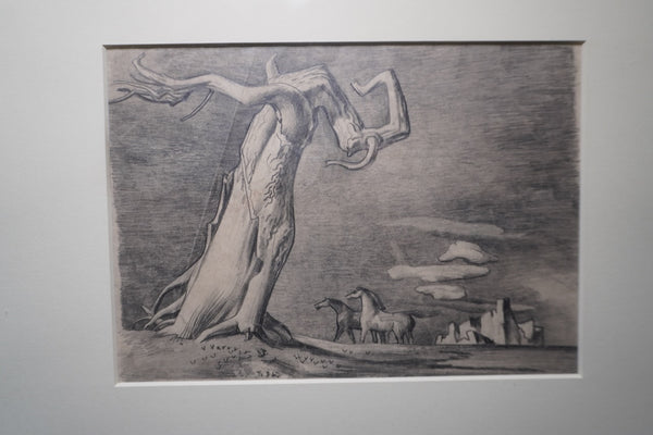 Millard Sheets (1907-1989) - Twisted Tree, Horses, Rocks - Pencil Surrealist Sketch 1930s AP1991
