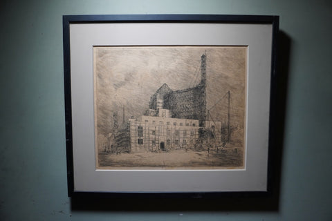 Loren Barton, Etching of Los Angeles City Hall Construction c.1920s AP1997