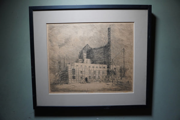 Loren Barton, Etching of Los Angeles City Hall Construction c.1920s AP1997