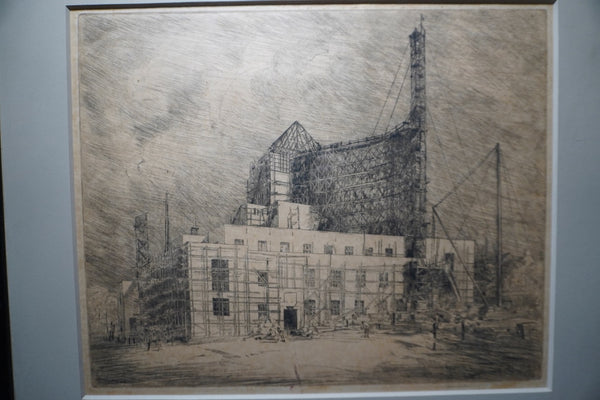 Loren Barton, Etching of Los Angeles City Hall Construction c.1920s AP1997
