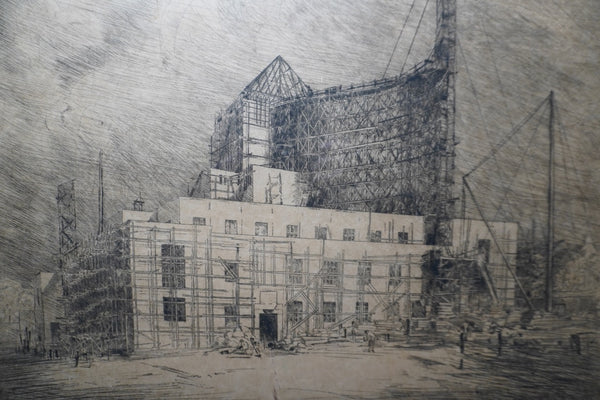 Loren Barton, Etching of Los Angeles City Hall Construction c.1920s AP1997