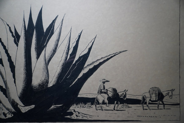 Edward Grannis, Original Ink Drawing, Viajero Y Burros c.1930s AP1998
