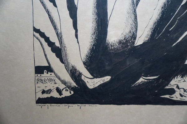 Edward Grannis, Original Ink Drawing, Viajero Y Burros c.1930s AP1998