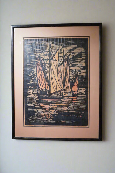Signed Prescott Chaplin Block Print, The Harbor c.1920s AP2001