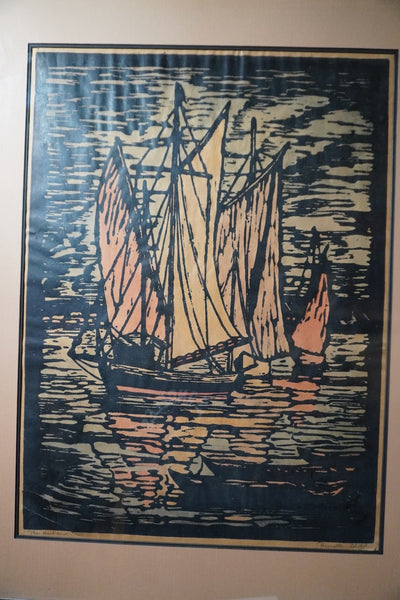 Signed Prescott Chaplin Block Print, The Harbor c.1920s AP2001