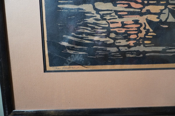 Signed Prescott Chaplin Block Print, The Harbor c.1920s AP2001