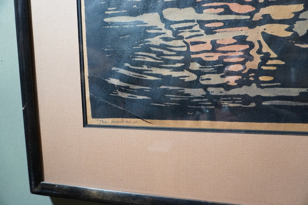 Signed Prescott Chaplin Block Print, The Harbor c.1920s AP2001