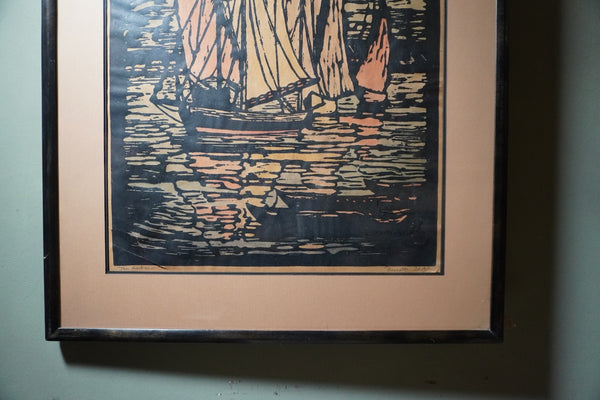 Signed Prescott Chaplin Block Print, The Harbor c.1920s AP2001