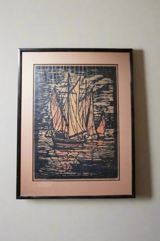 Signed Prescott Chaplin Block Print, The Harbor c.1920s AP2001