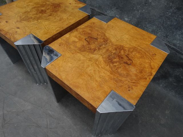 1970s Pair of Skyside End Tables in the Style of Milo Baughman With Burl Walnut Wood F2478