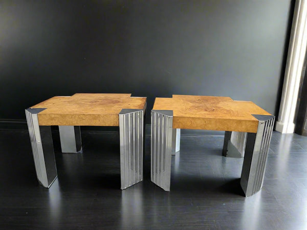 1970s Pair of Skyside End Tables in the Style of Milo Baughman With Burl Walnut Wood F2478