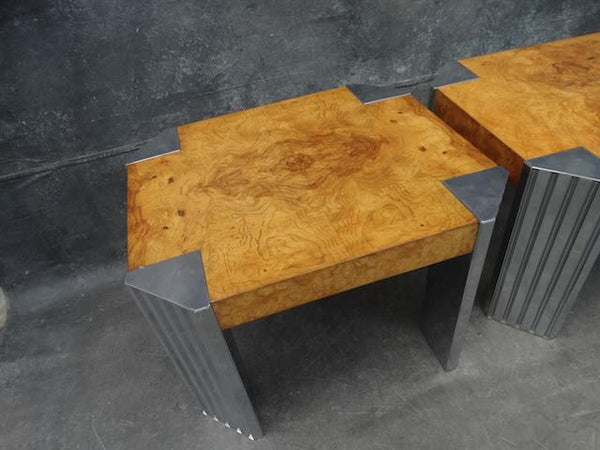 1970s Pair of Skyside End Tables in the Style of Milo Baughman With Burl Walnut Wood F2478