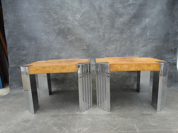 1970s Pair of Skyside End Tables in the Style of Milo Baughman With Burl Walnut Wood F2478