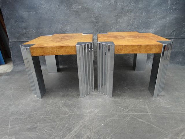 1970s Pair of Skyside End Tables in the Style of Milo Baughman With Burl Walnut Wood F2478