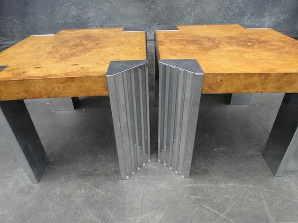 1970s Pair of Skyside End Tables in the Style of Milo Baughman With Burl Walnut Wood F2478
