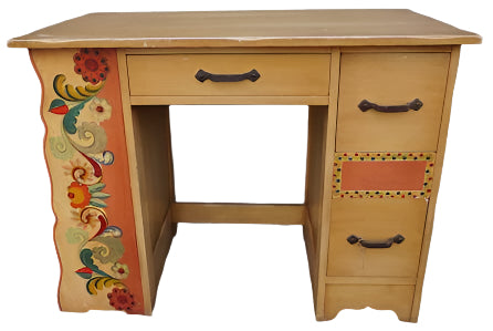 Monterey Desk with Side Bookcase in Straw Ivory with Floral Decor F2419