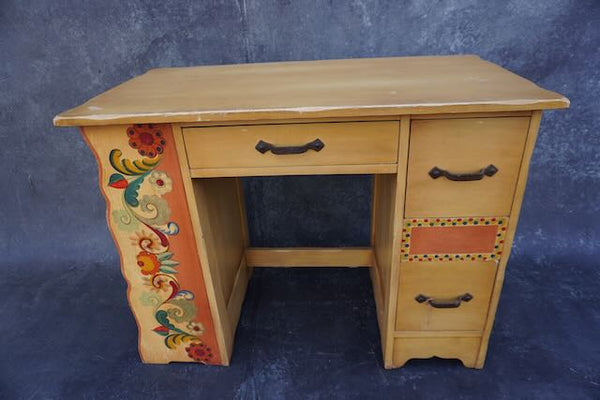Monterey Desk with Side Bookcase in Straw Ivory with Floral Decor F2419